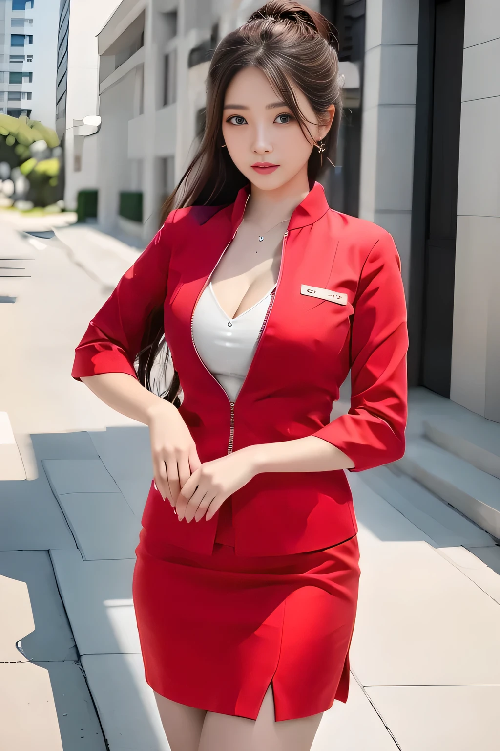 AirAsia&#39;s red uniform、Luxury earrings、ロングヘアのponytail、Tie your hair behind your head、Red rubber band to hold hair in place、ponytail、Captivating look、22 year old Asian female