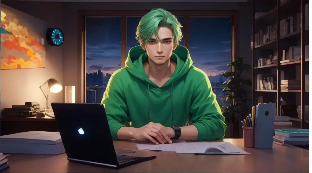a 25-year-old friendly-looking man sitting behind a desk in a futuristic studio, wearing a black hoodie . window background, smooth, soft, ultra-sharp, detailed, looking straight forward, centered in the image, straight, front-facing a camera