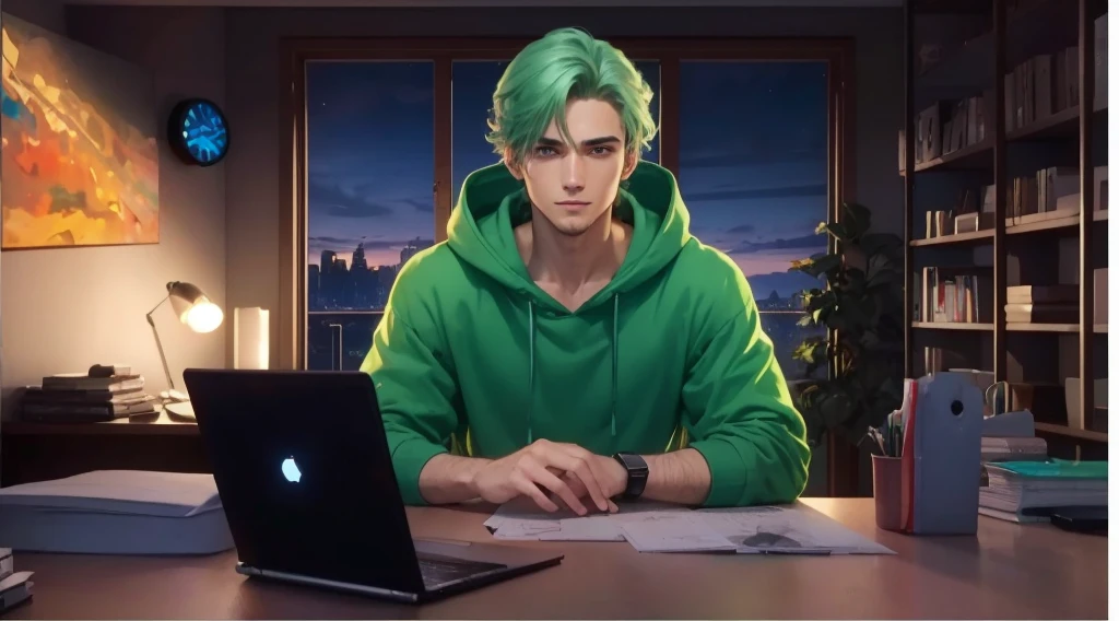 a 25-year-old friendly-looking man sitting behind a desk in a futuristic studio, wearing a black hoodie . window background, smooth, soft, ultra-sharp, detailed, looking straight forward, centered in the image, straight, front-facing a camera