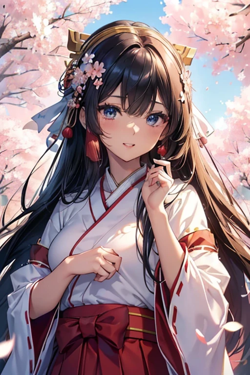 #Basics A girl is posing for a photo, animeのかわいい女の子, (((One Girl, Baby Face, Young girl, 16 years old))),
BREAK
#Clothing Accessories
(Shrine maiden costume : A white haori with large sleeves + cherry blossomsの刺繍が施されている + Deep red hakama skirt + Flower-shaped hair ornament + 伝統的な日本のshrineのShrine maiden costume), ((Tanned dark skin)), Silver earrings,
BREAK
#Features
(Black Hair), (Straight cut bangs), (Long Hair + Straight Hair + Straight hair without any kinks),
(Droopy eyes, blue eyes), (Small breasts),
BREAK
#background environment
((noon, Sunshine, shrine + cherry blossoms, blue sky)),
#Facial Expression Pose
((Big happy smile + Mouth wide open + Teeth are visible), (Standing looking up at the sky)),
#composition
((Angle from the front, Cowboy Shot)),
BREAK
#Body parts elements
(Detailed hair, Beautiful Hair, Shiny Hair),
(double eyelid, Long eyelashes),
(Expression of fine eyes, Beautiful and delicate eyes, Sparkling eyes, Eye Reflexes, Glitter Eyeliner),
(Human Ear),
(Beautiful Nose, Thin Nose),
(Glossy lips, Beautiful Lips, Thick lips, Glossy Lips, Natural Cheeks),
(Detailed face, Symmetrical facial features),
(Detailed skin, Textured skin, Beautiful Skin, Shiny skin),
BREAK
#Quality
(((Highest quality)), ((masterpiece)), ((Very detailed))), ((High resolution), (16K,1080P)),
(Realistic), (Anatomically correct),
((comics, anime)), (3DCG), CG illustration,