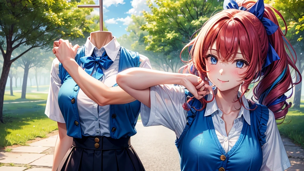 1girl, solo, summer, village, trees, sun, clouds, fantasy, ((colorful hair)), curly hair, ponytail, big full breasts, ((blue vest sweeter)), button down shirt, ((white shirt)), ((short sleeved shirt)), ((unbuttoned shirt)), unbuttoning buttons, cleavage 1:3, blue eyes, skirt, smile, looking at the viewer, standing, hair ribbon, golden necklate