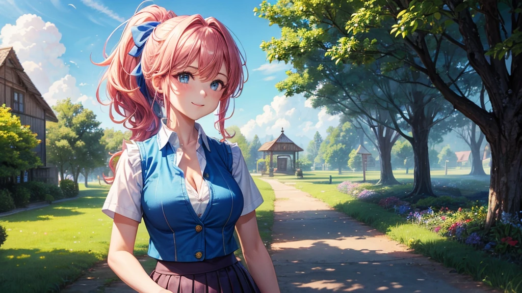 1girl, solo, summer, village, trees, sun, clouds, fantasy, ((colorful hair)), curly hair, ponytail, big full breasts, ((blue vest sweeter)), button down shirt, ((white shirt)), ((short sleeved shirt)), ((unbuttoned shirt)), unbuttoning buttons, cleavage 1:3, blue eyes, skirt, smile, looking at the viewer, standing, hair ribbon, golden necklate