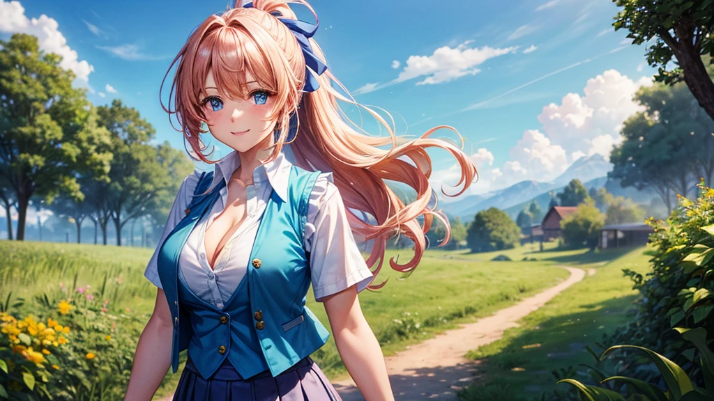 1girl, solo, full body, summer, village, trees, sun, clouds, ((colorful hair)), ponytail, large full breasts, ((brown leather jacket)), ((blue bra)), nipples, blue eyes, skirt, smile, looking at the viewer, standing, hair ribbon, golden necklate