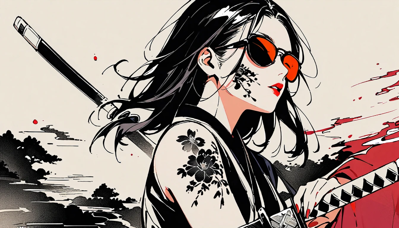 Ink Painting, (((1 Girl))), (((Tattoos on the face))), (((sunglasses))), (((Japanese sword))), beautiful girl, Black Hair, Delicate and precise, Modern ukiyo-e style, Background Color Darkness