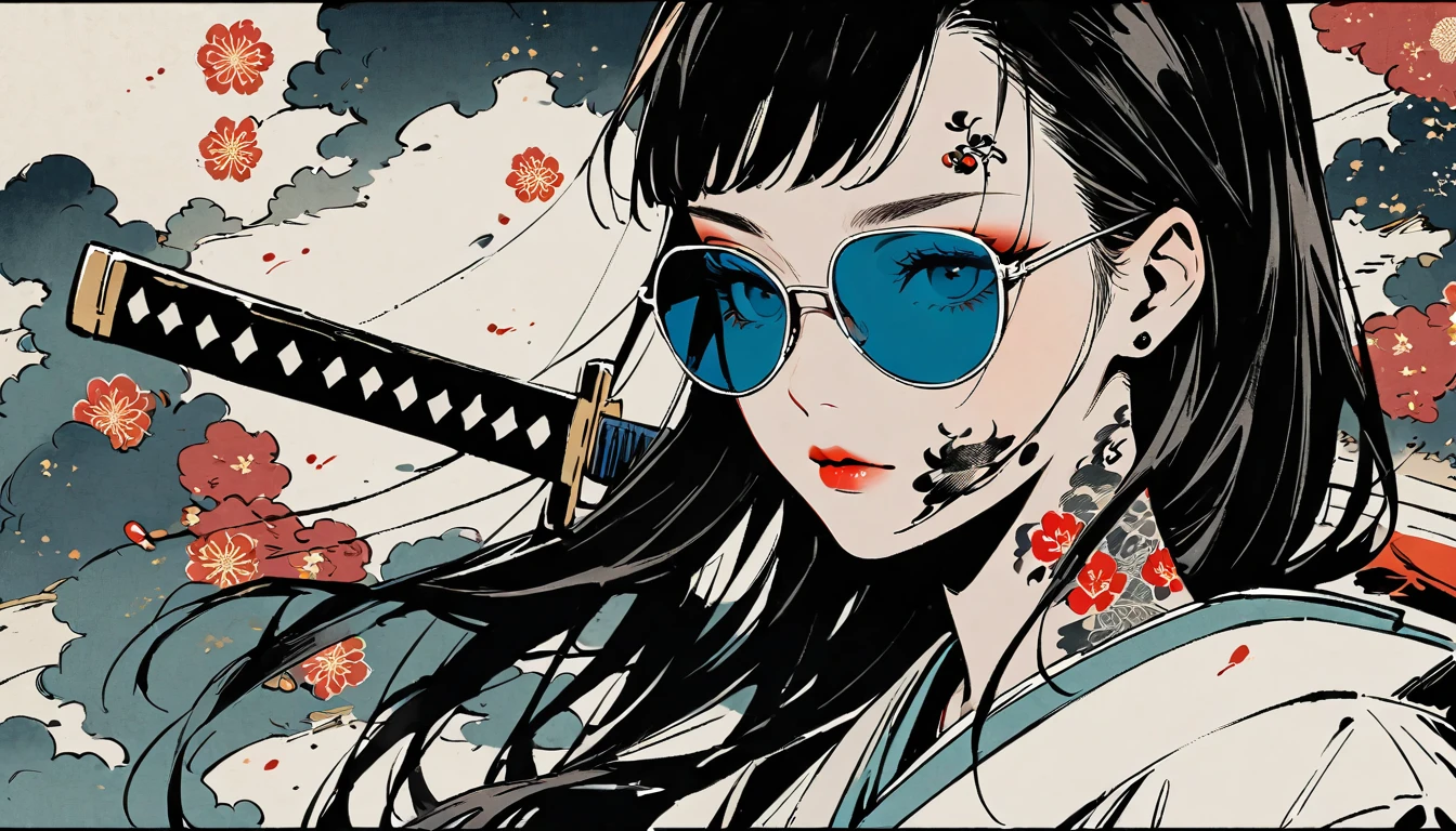 Ink Painting, (((1 Girl))), (((Tattoos on the face))), (((sunglasses))), (((Japanese sword))),  beautiful girl, Black Hair, Delicate and precise, Modern ukiyo-e style, Background Color Darkness