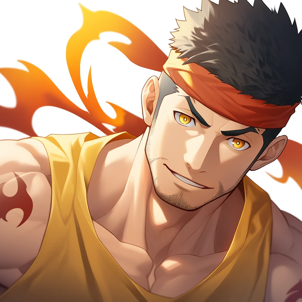 anime characters:Gyee, priapus, ung muscular man, male focus, Flame tattoo, sports Red headband, Dark Yellow spandex tight tank top, Very tight, muscular male, muscular, Round, firm and full chest muscles, only, Upper body, alone, Black short hair, Thick eyebrows, stubble, Yellow eyes, White background, simple background, amazing quality, best aesthetics, Ridiculous, bright pupils, crew cut, naughty face, torogao, parted lips, halo, god rays, best quality