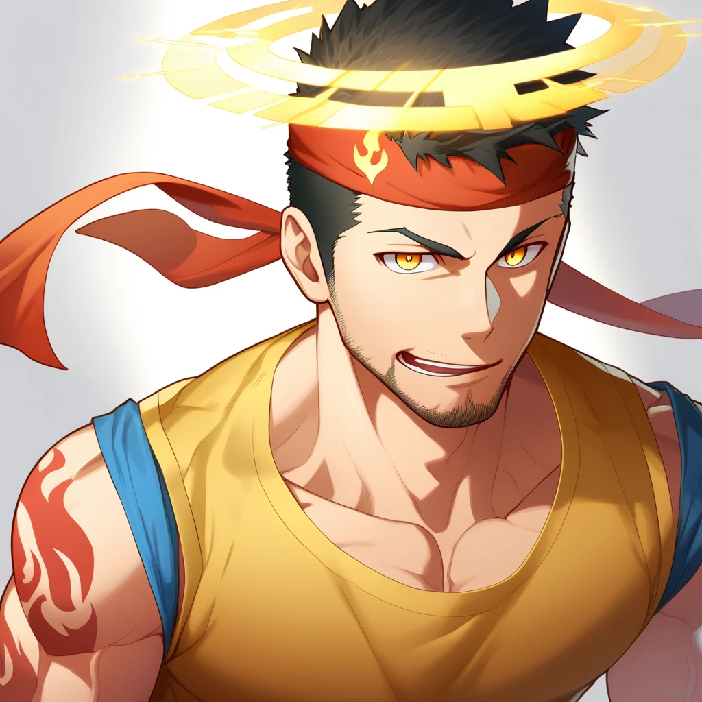 anime characters：Gyee, priapus, 1 young muscular man, male focus, Flame tattoo, sports Red headband, Dark Yellow spandex tight tank top, muscular male, muscular, only, Upper body, alone, Black short hair, Thick eyebrows, stubble, Yellow eyes, White background, simple background, amazing quality, best aesthetics, Ridiculous, bright pupils, crew cut, naughty face, torogao, parted lips, halo, god rays, best quality