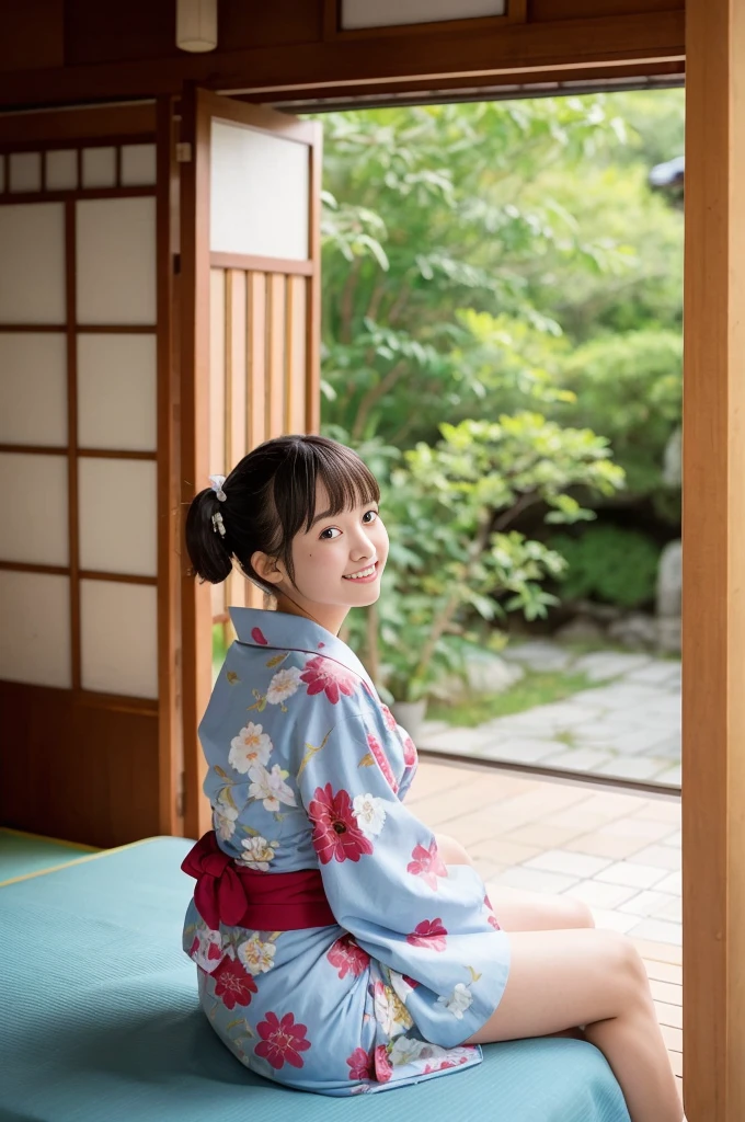 girl in ryokan on school trips,long-sleeved floral yukata,18-year-old,bangs,a little smile,thighs,knees,short hair with low pigtails bunches,from below,front light