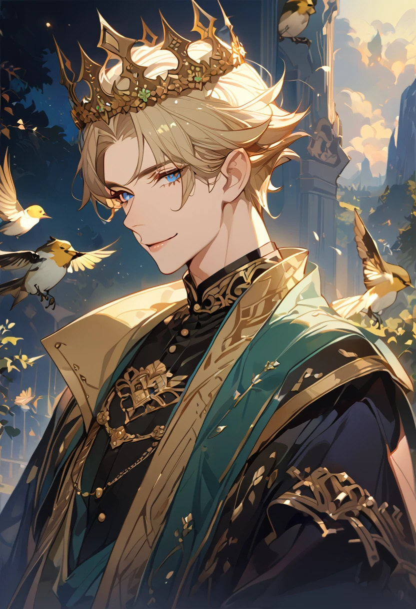 masterpiece, best quality, 8k ,4k , 1male, elf King, Golden Blond, Blue greenish eyes, gold wreath crown, hair ornament, finely detailed eyes and detailed face, looking at viewer, black sleeveless, half robe, patterned clothes, gold embroidery clothes, meticulous clothes, mature clothe, majestic looks, smiling gently, small bird, full body, inspired by Asukaziye artist : ask, art style : ask
