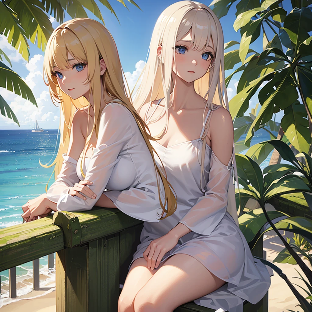 waifu, fictional female person, beautiful loving girl with long blond hair, wearing transparent white dress, waifu dreamy expression, sitting on a beach near the ocean, ocean of palm trees, serene expression, sunlight shining on her face  , detailed facial features, detailed clothing, detailed sand and ocean waves, best quality, 4k, 8k, high resolution, masterpiece: 1.2, ultra detailed, realistic, photorealistic, photo-realistic: 1.37, lighting  studio, bright colors, natural lighting, serene landscape, peaceful atmosphere.