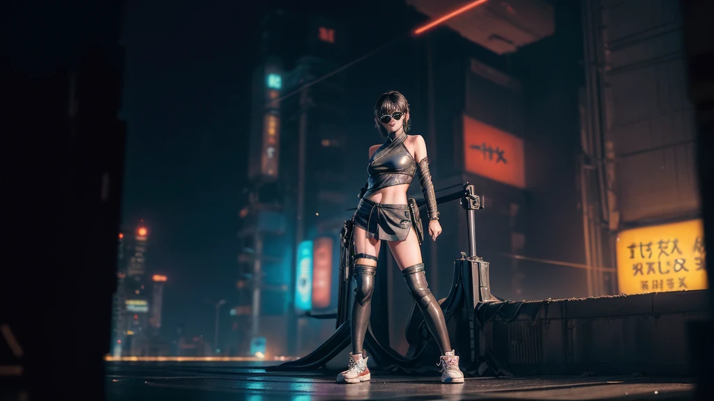 8K, Realistic Skin Texture, Realistic Photo, Neo Tokyo, 1 slim women, solo, large-breast:1.4 cleavage:1.3, AD2050 at night, wearing tube top, miniskirt, (((black sunglasses, automatic rifle, sneakers, cold, standing and shooting pose))), (((((((half-body (thigh level) medium shot))))))), innovative composition, revenge, aerial view of cyberpunk city, blade runner worldview, large neon sign, Geisha hologram sign, strong Wakamoto Sign.