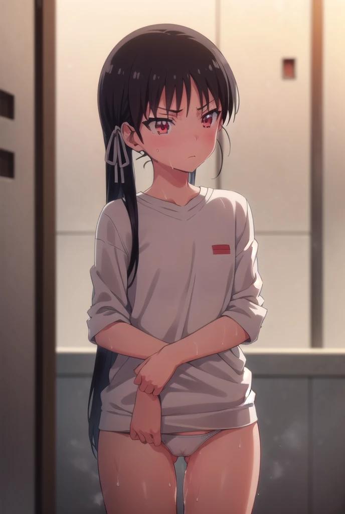 nsfw,Viewer Caution,1boy,suzune horikita, (Red eyes:1.3),locker room,cowboy shot,back shot,Medium chest,Hair Ribbon,Upper body naked,White panties,((sweaty,Pussy line,wet))