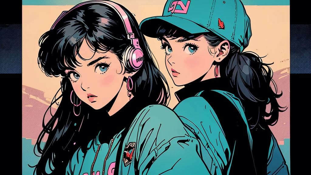 Battle DJ girl in HIPHOP fashion wearing DJ headphones,Front view , Turntablist, DJ Scratch, HIPHOP West Coast　gangsta　