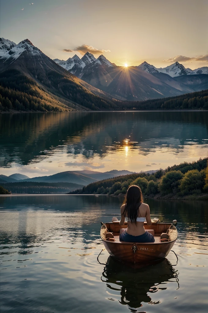 Stunning sunset views,On the calm lake,Surrounded by majestic mountains,Breathtaking. In the center of the image, Standing alone,Hands together,Close your eyes,Engage in deep meditation. Just above them, Artistic Expressions of God, Surrounded by a sacred aura, Watching with compassion those who are meditating. The golden light of the setting sun bathes this beautiful scene, Create tranquility、Atmosphere