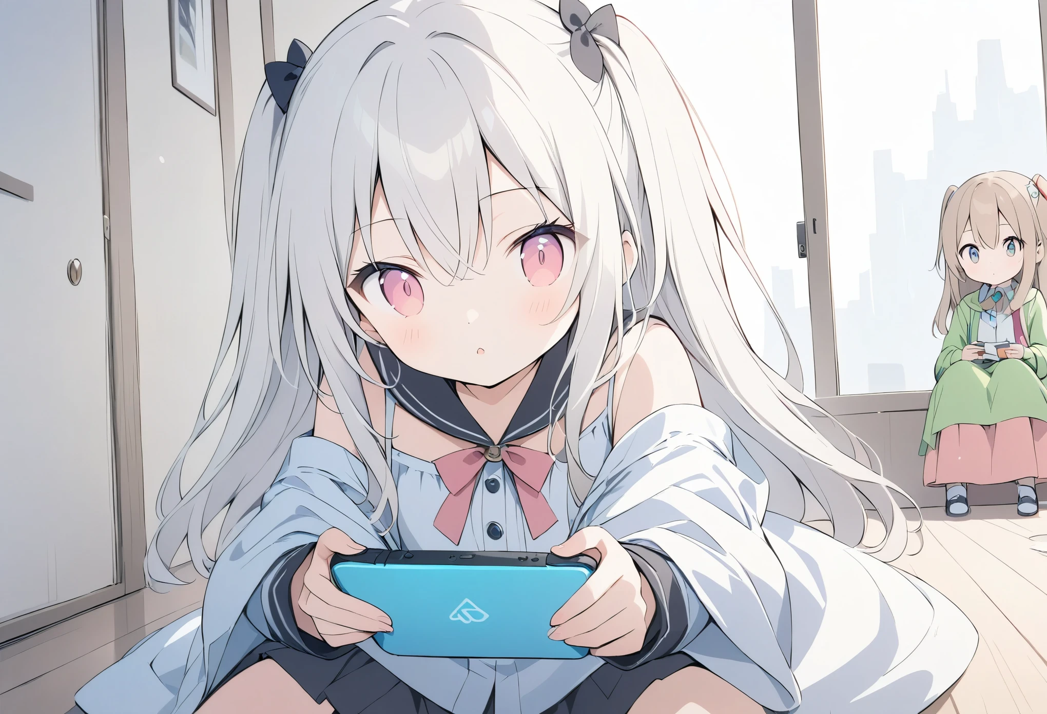 Anime Drawing,Golden Ratio,Very detailed、Very absurd、超High resolution, Attention to detail, high quality, High resolution, 最high quality, 4K, 8K,milky white hair, long hair, hair between eyes, wavy hair, extra-long sideburns, two side up,Girls playing games、Comic expression eyes、Sitting on the floor,One Girl,solo,Young girl、Colorful girls room,,Light brown hair