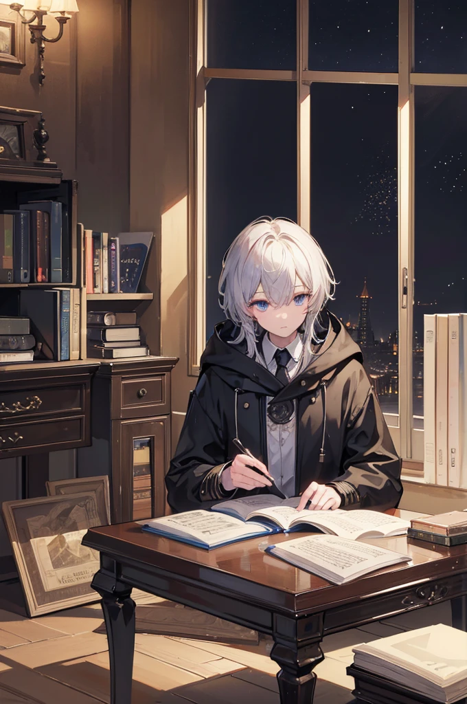 Top quality, 4k wallpaper, masterpiece, highly detailed CG Unity 8k wallpaper, very fine eyes, super detail, intricate details, music, boy studying in the room, with a book, view of night city, while studying Listen to music, nice atmosphere but room is a little dark, hood