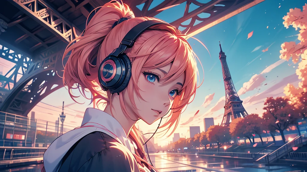 Woman wearing headphones, Anime Style 4 k, anime wallpaper 4k, anime wallpaper 4k, 4k anime wallpaper, anime art wallpaper 4k, anime art wallpaper 4k, Anime Style. 8K, Anime atmosphere, , Ultra HD Anime Wallpaper, Anime Art Wallpaper 8K, Anime Background,landscape、Paris、Eiffel Tower
