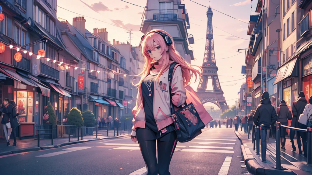Woman wearing headphones, Anime Style 4 k, anime wallpaper 4k, anime wallpaper 4k, 4k anime wallpaper, anime art wallpaper 4k, anime art wallpaper 4k, Anime Style. 8K, Anime atmosphere, , Ultra HD Anime Wallpaper, Anime Art Wallpaper 8K, Anime Background,landscape、Paris、Eiffel Tower
