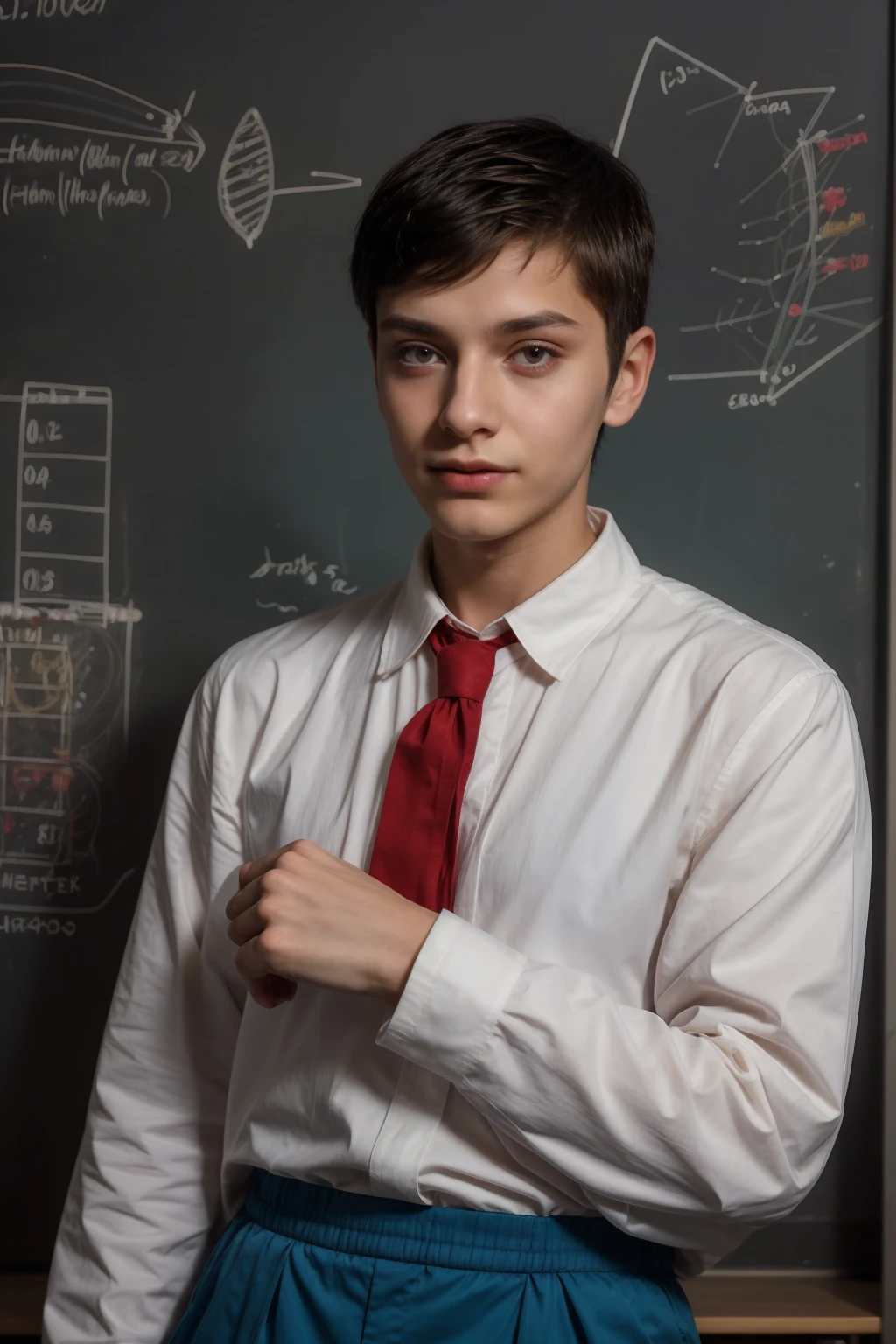 Beautiful young twink with a face with red makeup.    He has black hair.    He is wearing a white long-sleeved shirt and aqua blue pants.    He is in his scientific office, and behind him is a blackboard on which the shape of the brain and its anatomy are written in precision and detail.  He looks proudly