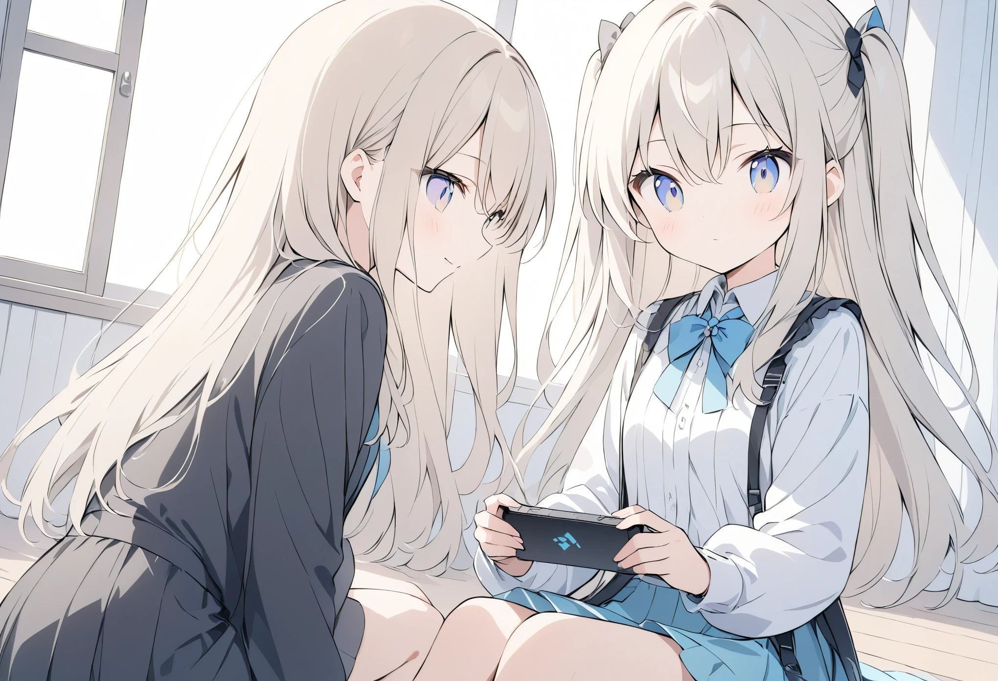 Anime Drawing,Golden Ratio,Very detailed、Very absurd、超High resolution, Attention to detail, high quality, High resolution, 最high quality, 4K, 8K,milky white hair, long hair, hair between eyes, wavy hair, extra-long sideburns, two side up,Girls playing games、(Panic look)、Sitting on the floor,((girl1people)),Young girl、Colorful girls room,15 years old,Light brown hair