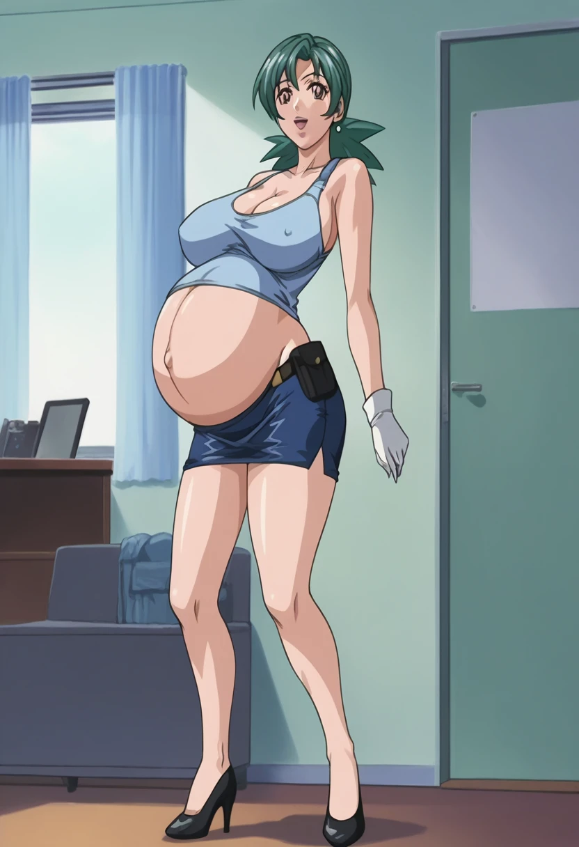 score_9, score_8_up, source_anime Bibl3, milf, jenny (pokemon), green hair, huge breasts, police uniform, belt, pencil skirt, short skirt, white gloves, high heels, wide hips, viewed from front, standing in living room, vacant smile, staring at viewer, pregnant, open mouth, looking at viewer, empty eyes, multicolor tank top, exposed pregnant belly, denim shorts, full lips, vivid lips, detailed eyes, detailed face, pretty woman, morning