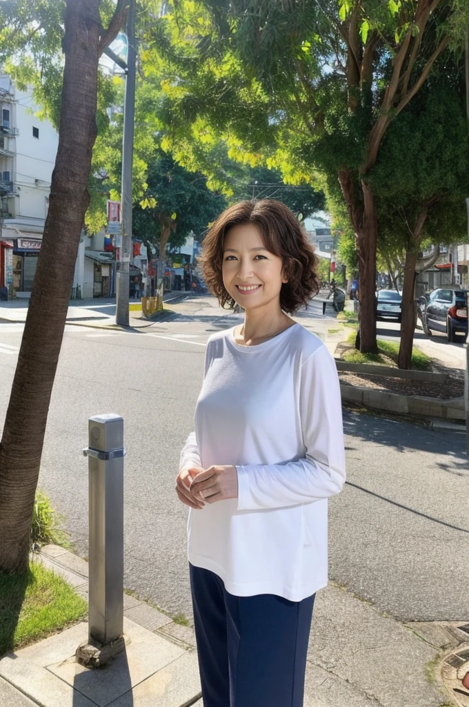 4K is realistic and beautiful,Japan woman at 39 years old,Standing on street,White skin,shortcut、Light brown hair、Gradient Hair、Curly Hair、She wears a white long-sleeved T-shirt with long sleeves,Slim and healthy, bust、The fairy air flutters。Plain street scene on background,It's full of culture。Healthy Smile