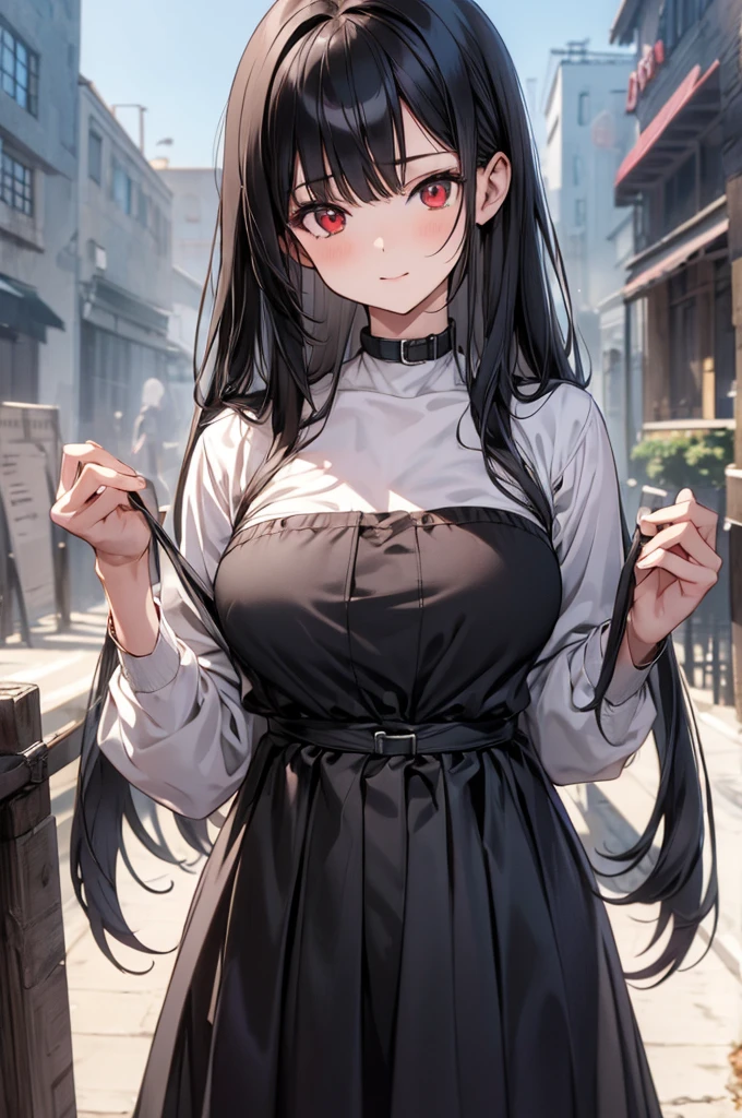 (masterpiece:1.3), (best quality:1.1), (8k, ultra detailed, ultra high res:1.2), ((anime style)), perfect 5 fingers, perfect anatomy, 
1girl,
BREAK long hair,  
black hair, 
red eyes, 
(medium breasts:0.9), 
looking at viewer, upper body, 
standing, 
perfect light, 
(detailed background:1.2), outdoors, outside, 