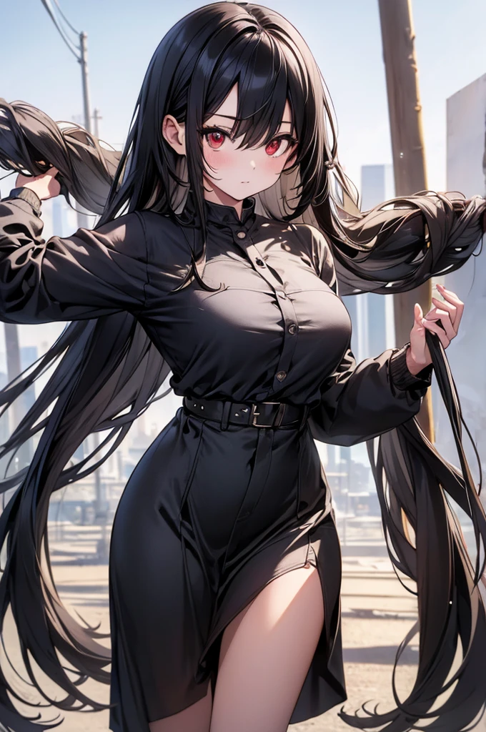 (masterpiece:1.3), (best quality:1.1), (8k, ultra detailed, ultra high res:1.2), ((anime style)), perfect 5 fingers, perfect anatomy, 
1girl,
BREAK long hair,  
black hair, 
red eyes, 
(medium breasts:0.9), 
looking at viewer, upper body, 
standing, 
perfect light, 
(detailed background:1.2), outdoors, outside, 