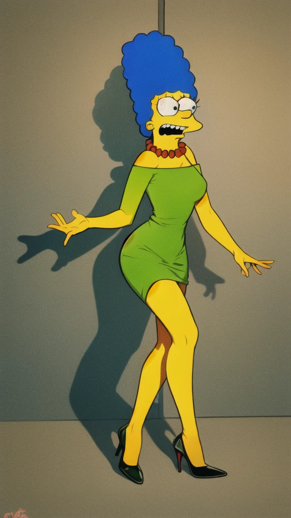 marge simpson, blue hair, red necklace, medium breasts, colored skin, yellow skin, green dress, angry, high heels, visible feet