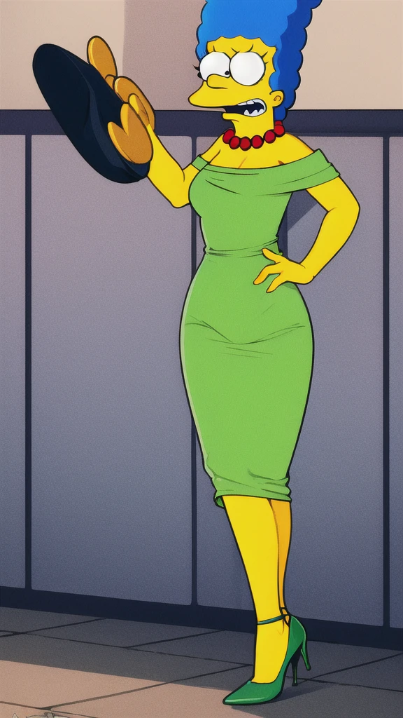 marge simpson, blue hair, red necklace, medium breasts, colored skin, yellow skin, green dress, angry, high heels, visible feet