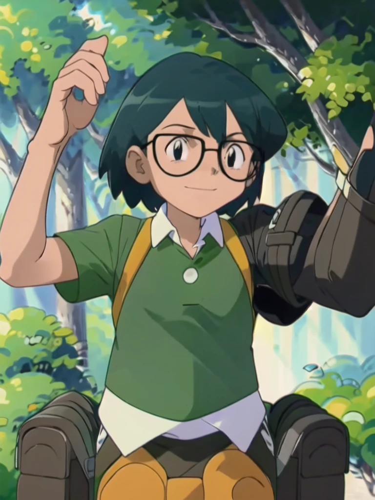 Max, solo, looking at viewer, shirt, 1boy, upper body, short sleeves, male focus, outdoors, teeth, collared shirt, bag, tree, backpack, , black-framed eyewear, green shirt, male childt,smile