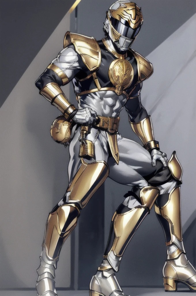 A man wearing silver-colored armor, wearing a silver-colored helmet with a black visor, with a pair of golden bracelets, wearing metallic pants with golden knee pads, golden boots