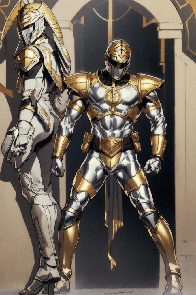 A man wearing silver-colored armor, wearing a silver-colored helmet with a black visor, with a pair of golden bracelets, wearing metallic pants with golden knee pads, golden boots