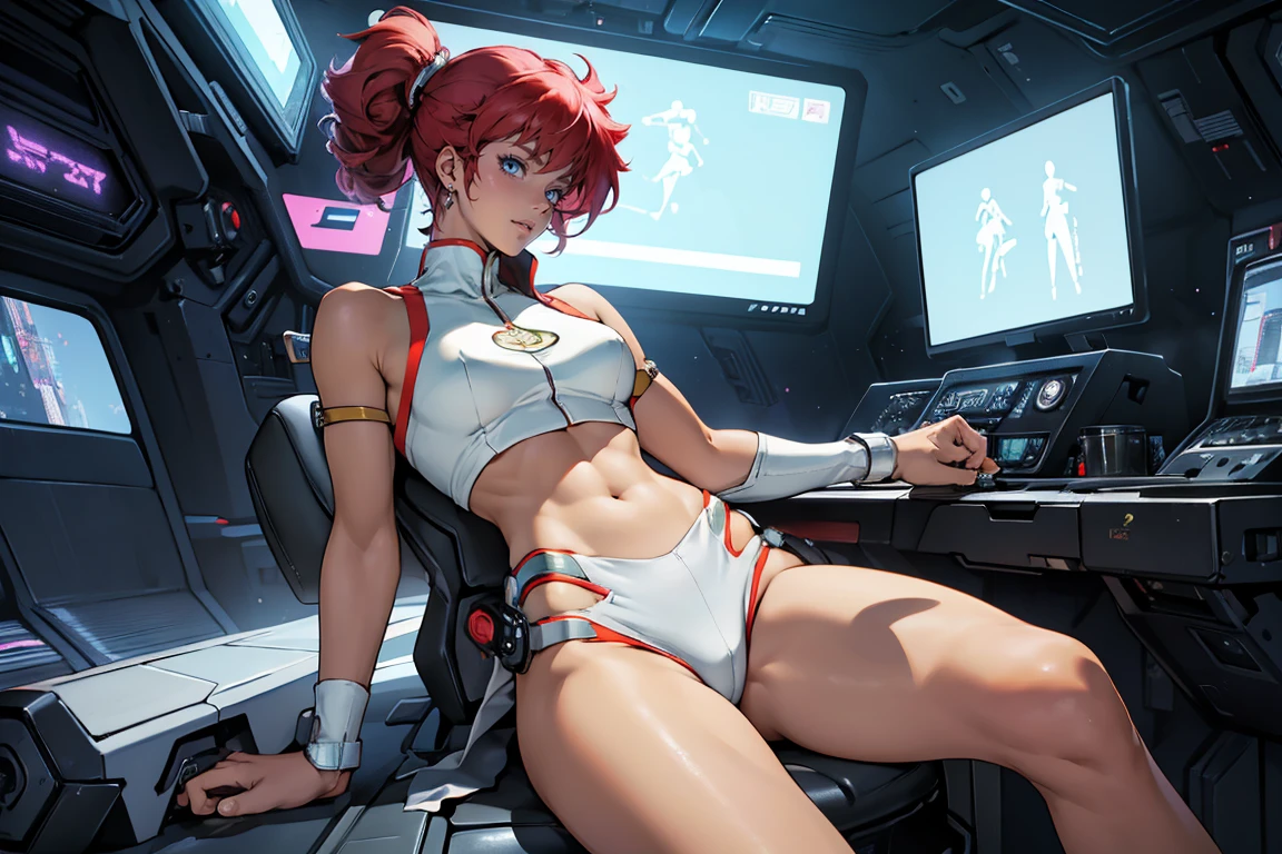 ((Masterpiece, of the highest quality; 1.3)), super quality, Beautiful detail, super detailed, extra fine, 16k, exquisite, absurd, high resolution, beautiful background, detailed background, pretty eyes, Beautiful skin, animated style, Kay from Dirty Pair in a white outfit, tight suit, neckline, bushy redhead beauty, very light blue uniform, wearing tight clothing, scarce, (Half chest: 1.2), neckline, neckline, thin waist , thin waist, thin thighs, thin legs, thin legs. thigh gap, showing stomach, Skinny, thin hips, cyberpunk city background, retro space gun holding, sale, 