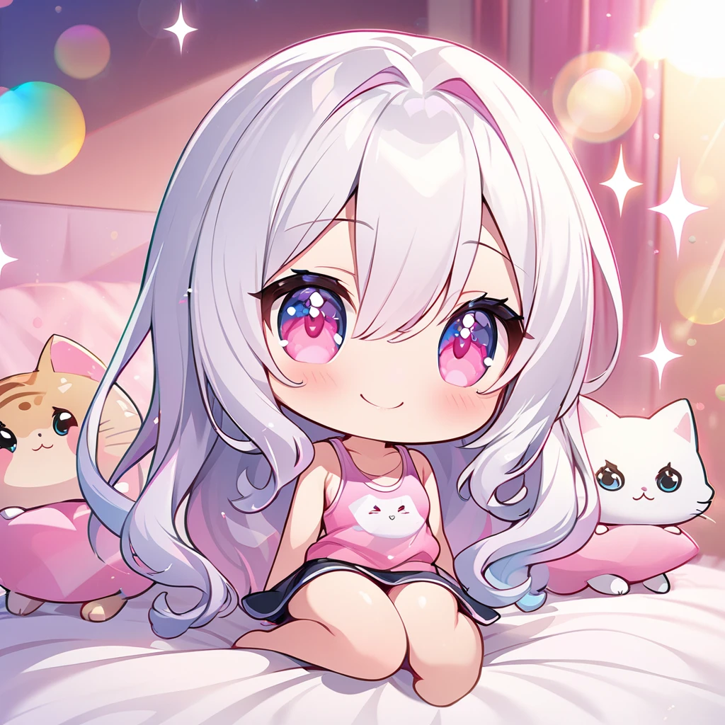 masterpiece, best quality, 4k、2D Illustration、one beautiful girl、solo、(((chibi style)))、((vivid colors))、cute chibi、lovely chibi、long beautiful hair, glossy light silver hair, hair between eyes, cute、beautifully detailed eyes、((tank top))、((miniskirt))、(colorful))、((happy smile))、sitting on bed、((full body shot))、((kitten)), ((lots of pink stuff around))、((bed))、sparkle、((lens flare))、