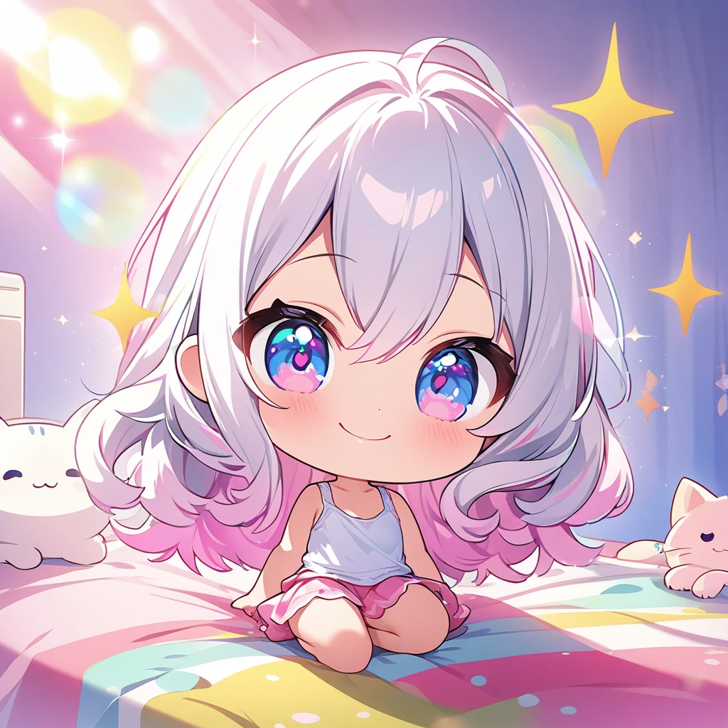 masterpiece, best quality, 4k、2D Illustration、one beautiful girl、solo、(((chibi style)))、((vivid colors))、cute chibi、lovely chibi、long beautiful hair, glossy silver hair, hair between eyes, cute、beautifully detailed eyes、((tank top))、((miniskirt))、(colorful))、((happy smile))、sitting on bed、((full body shot))、((kitten))、((lots of pink stuff around.))、((bed))、sparkle、((lens flare))、