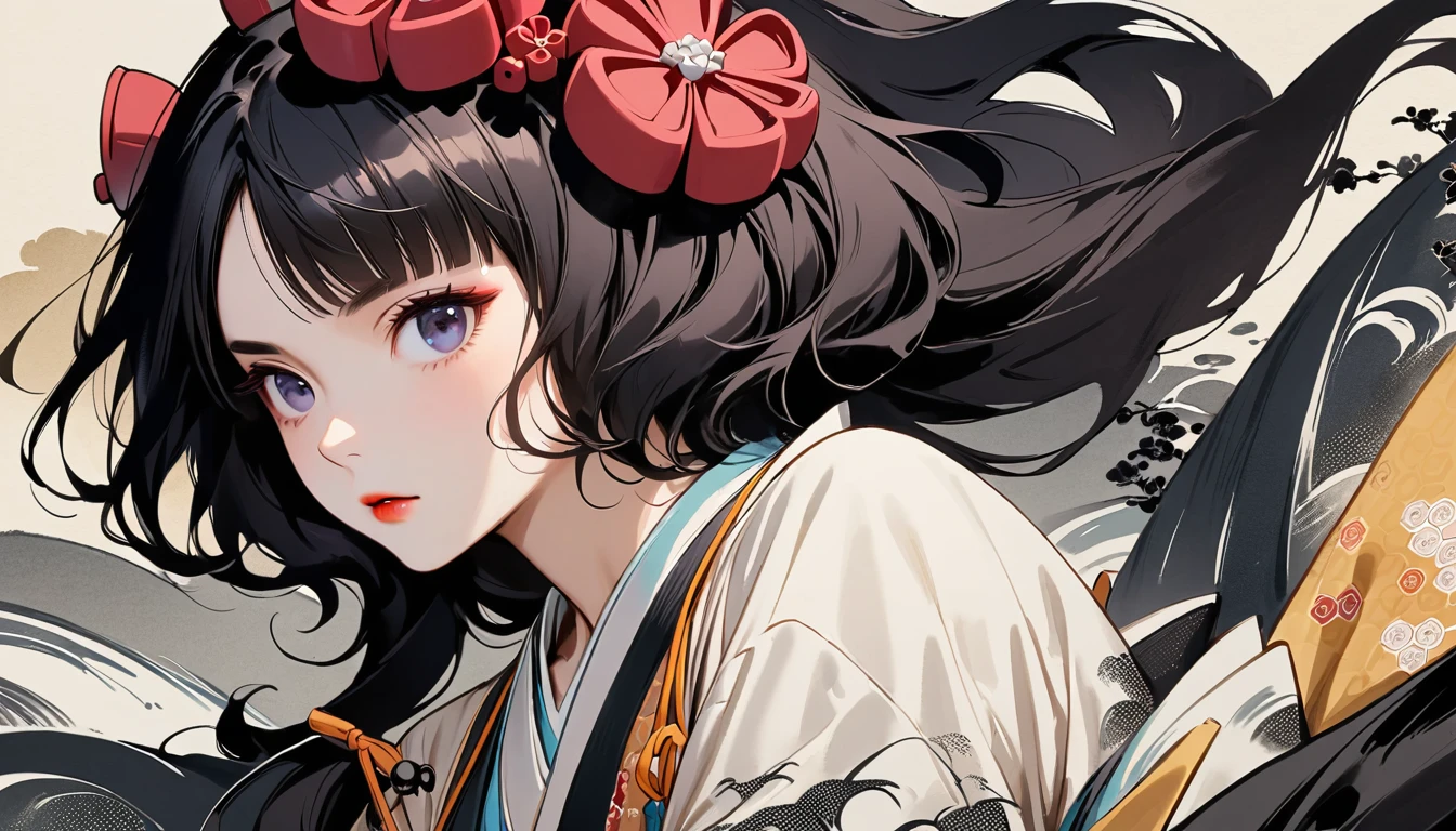 (((skull mask))), (((Katsushika Hokusai))), (((Ink Painting))), ((very straight longhair)), ((1 girl)), ((beautiful girl)), Japanese style headphones, Black Hair, Delicate and precise, Modern ukiyo-e style