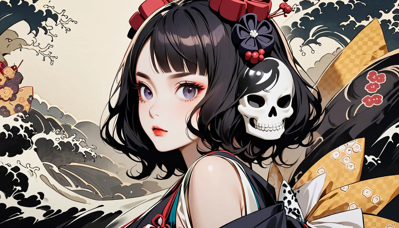 (((skull mask))), (((Katsushika Hokusai))), (((Ink Painting))), ((very straight longhair)), ((1 girl)), ((beautiful girl)), Japanese style headphones, Black Hair, Delicate and precise, Modern ukiyo-e style