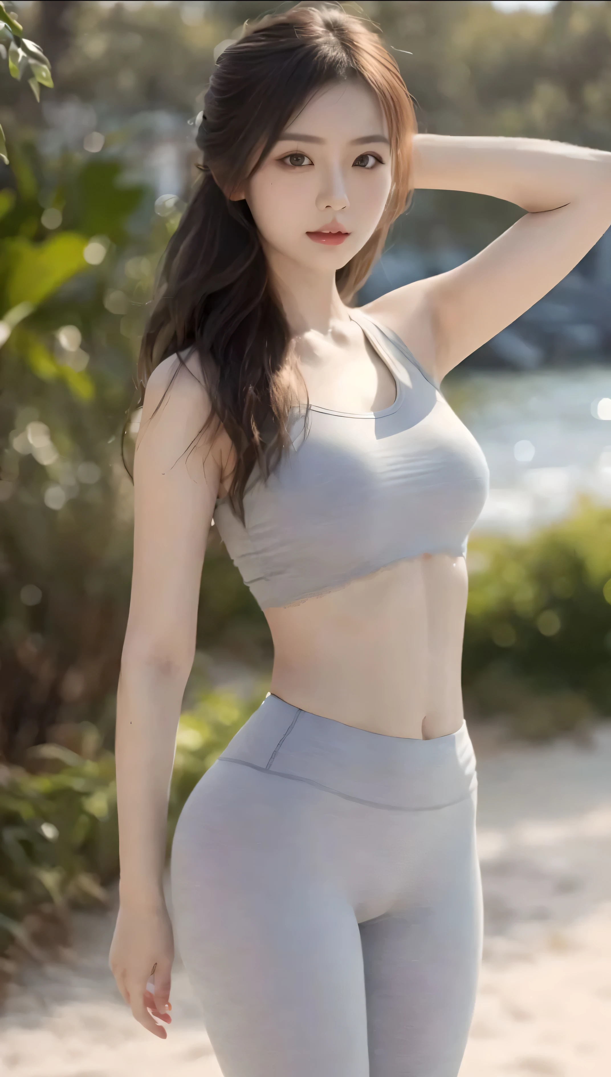 ((Masterpiece)), ((Top)), Ultra high resolution, 8k wallpaper, Realism, High quality, Advanced depth of field, Ultra details, Realistic lighting, (Outdoor), Park background, Japanese mature woman, 40 years old, Makeup, (Lipstick: 1.1), (Eyeliner: 1.2), Mascara, Eyeshadow, Necklace, Beautiful eyes, Rich details, Exquisite beauty, Long curly hair, Dynamic angle, (Red lips), Japanese woman posing for a photo in white leggings, Busty, Tight outfit, Black shirt, Short sleeves, Character in natural pose, Wearing tight simple clothes, Realistic perfect body, Thick hips, Soft curvy shape