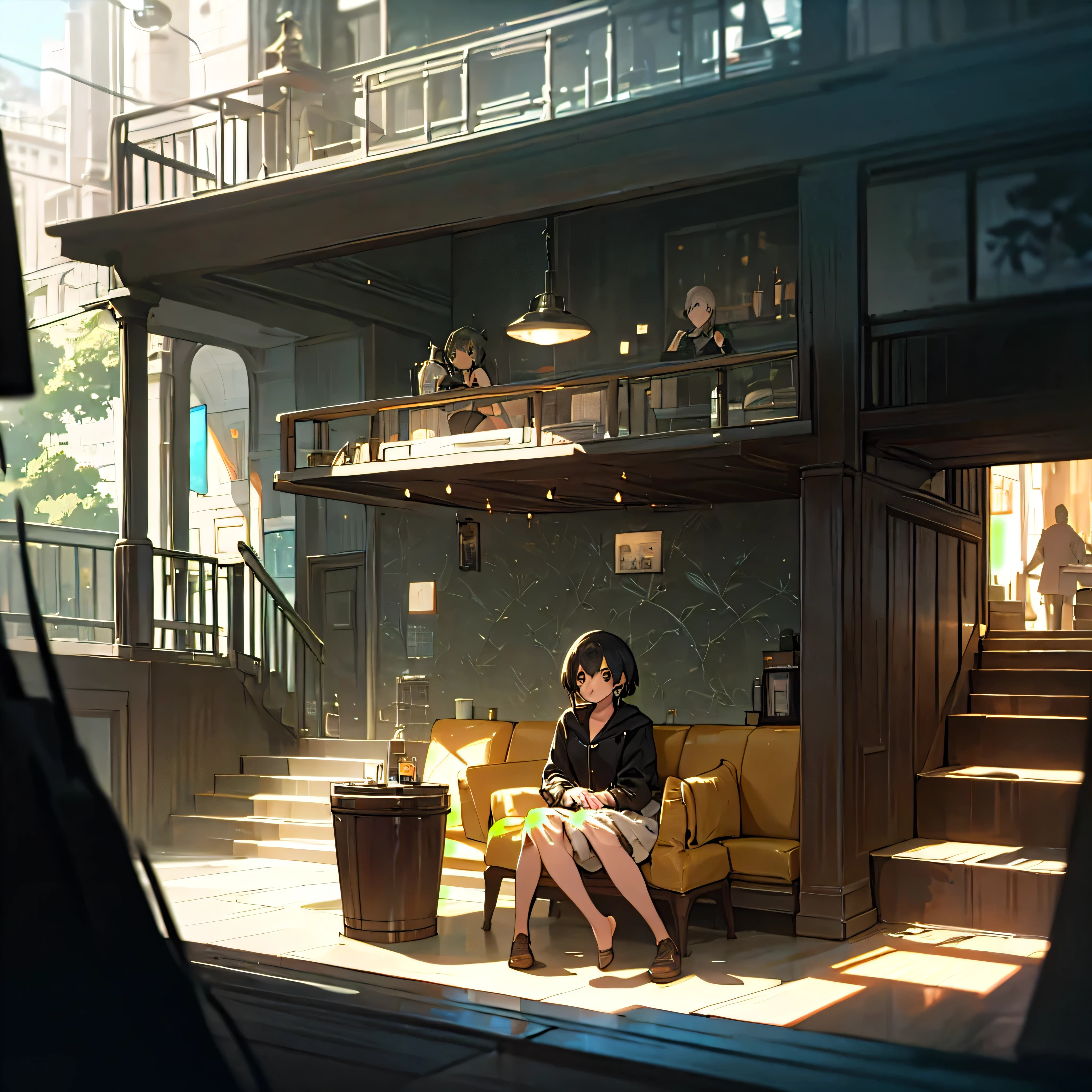 Cafe, Modern, comfortable, Contemporary décor, Comfortable seats, Stylish lighting, coffee, Sleek countertops, empty, Dappled Lighting, noon, wallpaper, Very detailed, Anime scenery