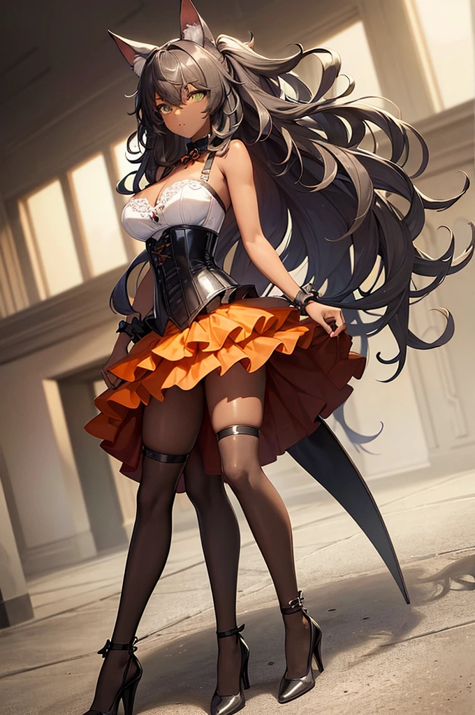 (masterpiece, best quality:1.2), full body, one girl, gray cat ears, green eyes, (dark skin), ((messy medium hair)), gray bra, black tight skirt, ((orange corset)), no background,