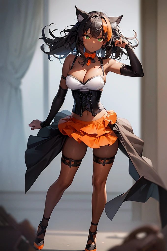 (masterpiece, best quality:1.2), full body, one girl, gray cat ears, green eyes, (dark skin), ((messy medium hair)), gray bra, black tight skirt, ((orange corset)), no background,