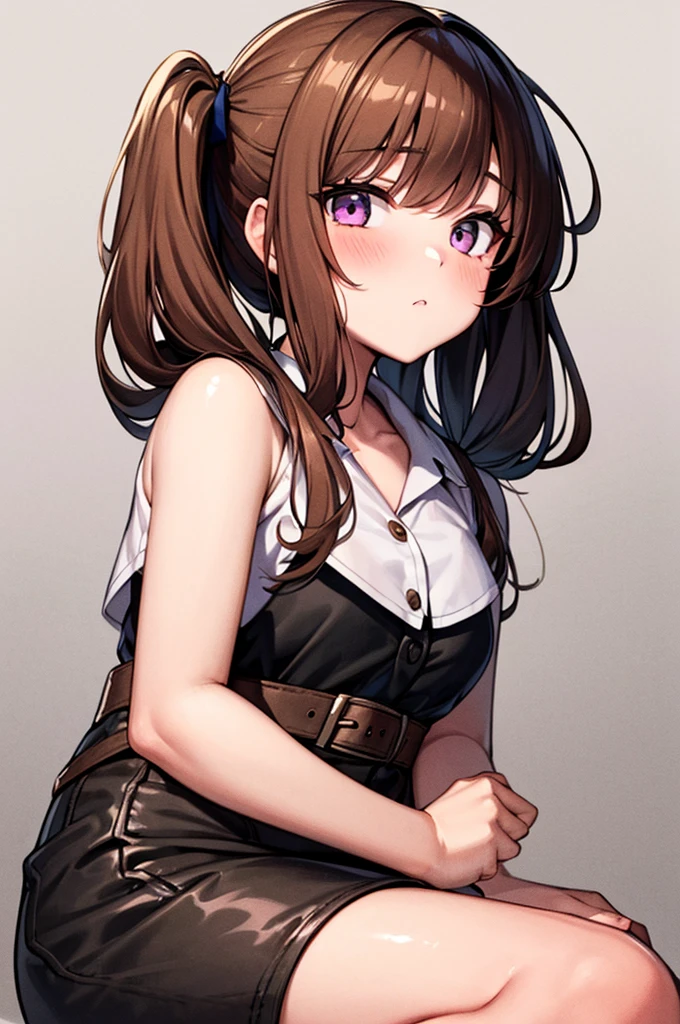 (One girl), masterpiece, Highest quality, Ultra-fine illustrations, Very cute girl, Highly detailed beautiful face, View your viewers, One girl, belt, close, View your viewers, 4K, High resolution, ribbon, A wild misunderstanding, blush, throw, Twin tail hair, White Background, Simple Background, Thick outline, Purple eyes, (sleep), Brown Hair, Little, Expressions of affection,  ((Brown Hair)), (Blood),