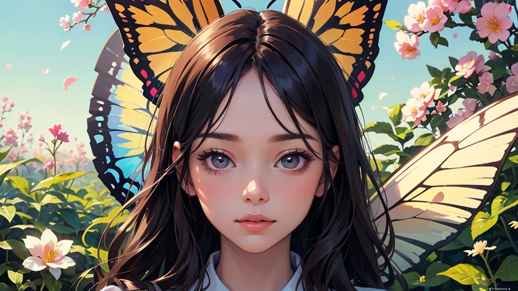 Girl with butterfly head, Surrounded by colorful gardens, Soft and calming colors, Bright flowers, Butterflies fluttering, Gentle sunlight, Great atmosphere, Detailed and full-fledged features, Smooth brushwork, oilの具, 高品質とHigh resolution, Magical and surreal style, Charming and imaginative scenes, Happy and peaceful mood, Intricate patterns on butterfly wings, Delicate petals and leaves, Harmonious composition, ethereal and inviting atmosphere, Girl's calm expression, Capture your audience's attention, Evoke emotions、創造性を刺激するmasterpiece. (The best quality at its best, 4K, High resolution, masterpiece:1.2), Super detailed, Actual:1.37, oil, Bright colors, Gentle soft lighting, Enchanting gardens, Magic butterfly