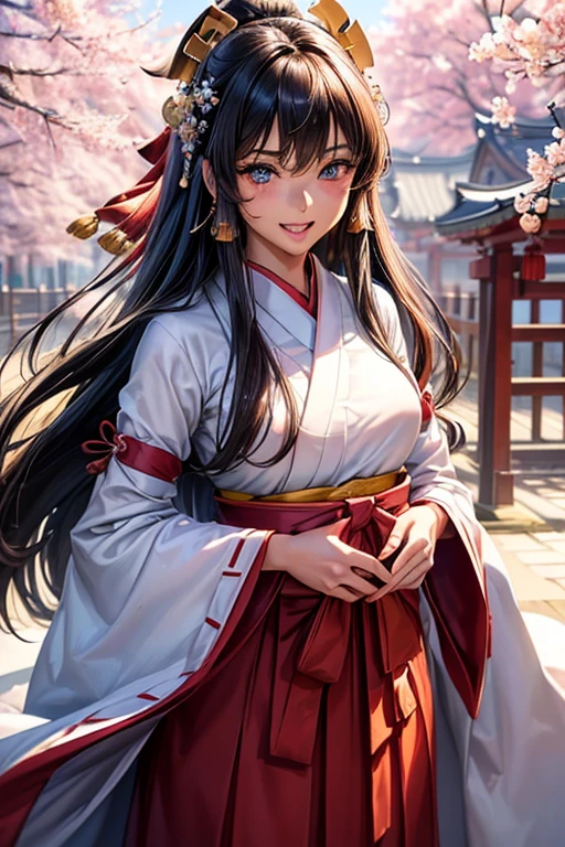 #Basics A girl is posing for a photo, animeのかわいい女の子, (((One Girl, Baby Face, Young girl, 16 years old))),
BREAK
#Clothing Accessories
(Shrine maiden costume : A white haori with large sleeves + cherry blossomsの刺繍が施されている + Deep red hakama skirt + Flower-shaped hair ornament + 伝統的な日本のshrineのShrine maiden costume), ((Tanned dark skin)), Silver earrings,
BREAK
#Features
(Black Hair), (Straight cut bangs), (Long Hair + Straight Hair + Straight hair without any kinks),
(Droopy eyes, blue eyes), (Small breasts),
BREAK
#background environment
((noon, Sunshine, shrine + cherry blossoms, blue sky)),
#Facial Expression Pose
((Big happy smile + Mouth wide open + Teeth are visible), (Standing looking up at the sky)),
#composition
((Angle from the front, Cowboy Shot)),
BREAK
#Body parts elements
(Detailed hair, Beautiful Hair, Shiny Hair),
(double eyelid, Long eyelashes),
(Expression of fine eyes, Beautiful and delicate eyes, Sparkling eyes, Eye Reflexes, Glitter Eyeliner),
(Human Ear),
(Beautiful Nose, Thin Nose),
(Glossy lips, Beautiful Lips, Thick lips, Glossy Lips, Natural Cheeks),
(Detailed face, Symmetrical facial features),
(Detailed skin, Textured skin, Beautiful Skin, Shiny skin),
BREAK
#Quality
(((Highest quality)), ((masterpiece)), ((Very detailed))), ((High resolution), (16K,1080P)),
(Realistic), (Anatomically correct),
((comics, anime)), (3DCG), CG illustration,