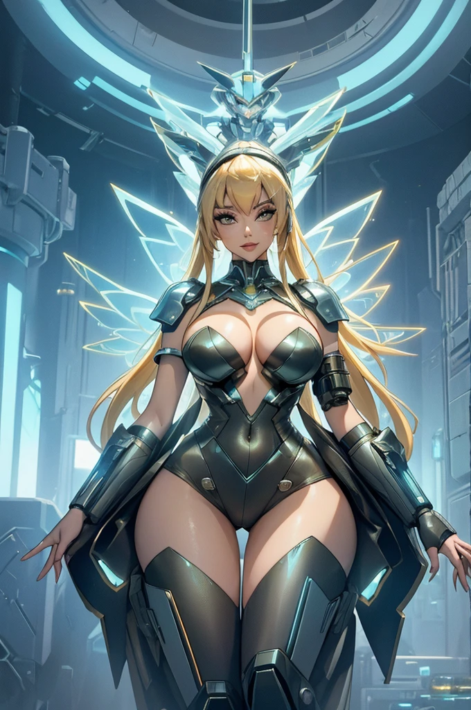 Woman in a futuristic suit standing in a futuristic city, Girl wearing mecha cyber armor, (Mechanized Valkyrie Girl), (Beautiful cyborg angel girl), Cyberpunk Girl Mecha, Unreal Engine Rendering + goddess, Cyberpunk Girl, Beautiful Caucasian girl cyborg、Medium chest、smile、(top-down bottom-up), full body, high heels.