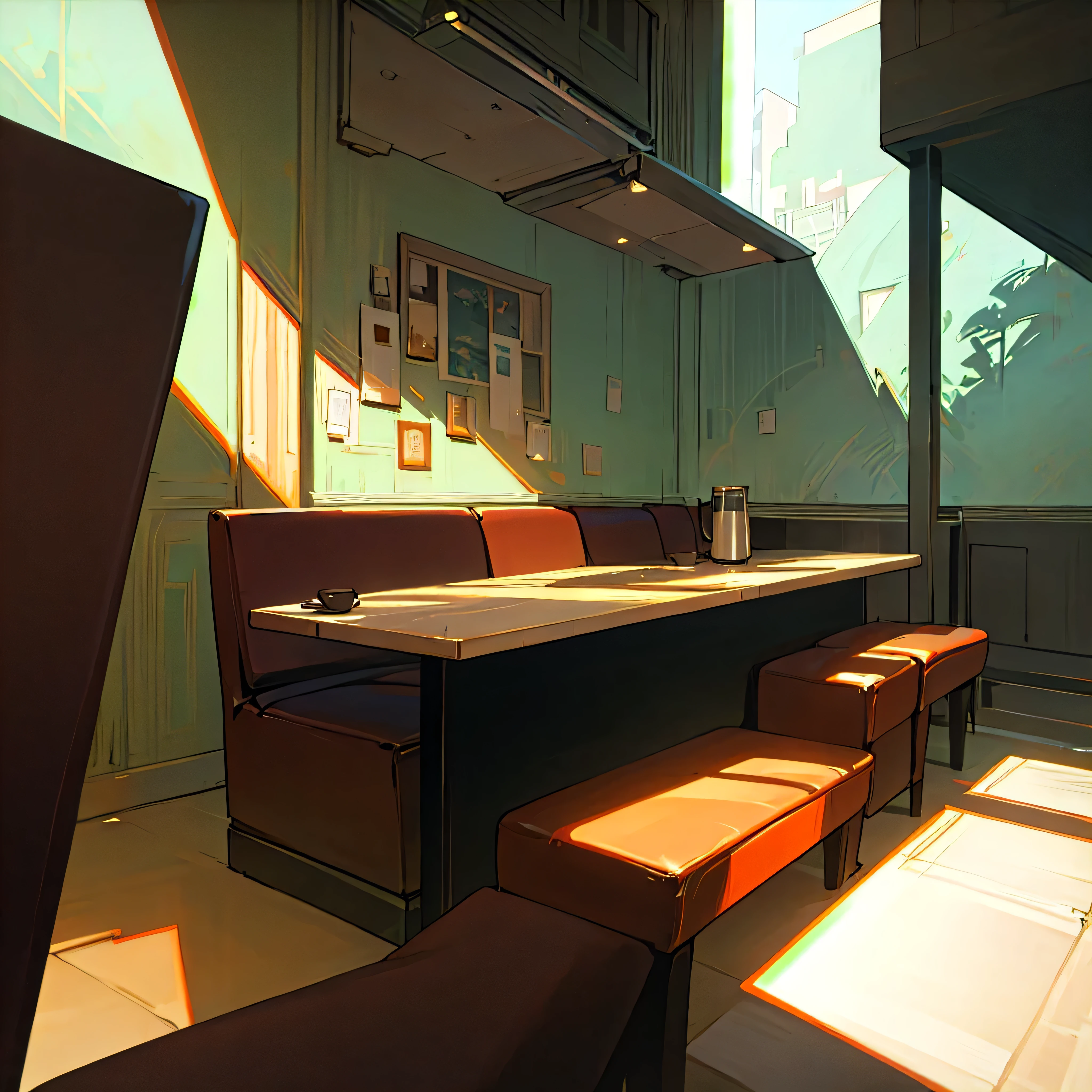 Cafe, Modern, comfortable, Contemporary décor, Comfortable seats, Stylish lighting, coffee, Sleek countertops, empty, Dappled Lighting, noon, wallpaper, Very detailed, Anime scenery