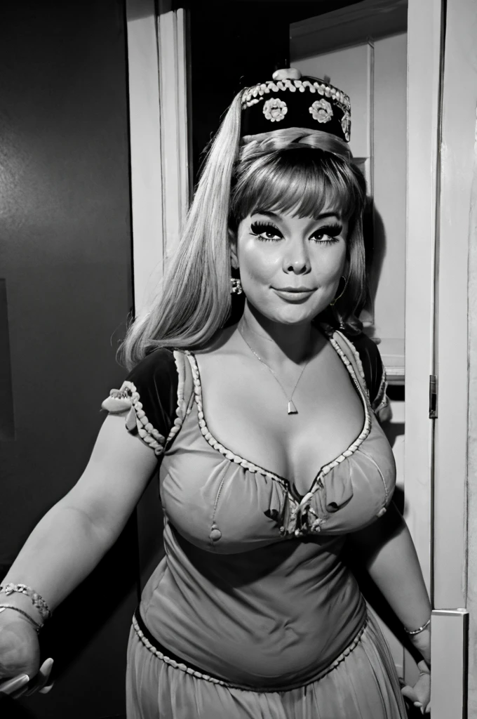 drunk jeannie from 60's tv show I Dream of Jeannie, jeannie outfit from tv show, massive fat tits, slumped drunkenly against door, house from show, drunk facial expressions, drunk gestures, "Wooo hoooo! Hello mashter.....hiccup"! drunk gestures, drunk facial expressions, slumped drunkenly, hiccuping, losing her balance, completely drunk, massive fat tits