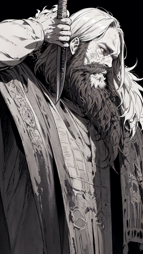 Highest quality, (Background details), High Contrast, Detailed original illustrations, Dwarven warriors、白hair、Muscular々、Wearing armor、whole body、Has an axe、, Medieval, Earrings_Deeply engraved_eye, Wrinkled face, dark_Stitch_Cape, (Dramatic lighting:1.25), (Shadowed Background:1.2), (dirty_ Sloppy_gray_hair:1.2), (length_Hairy_beard:1.3)Small stature、Delicate face, , Wicked Smile、鋭いeye, Black background, (Black background: 1. 5) Beautiful line art, Monochrome