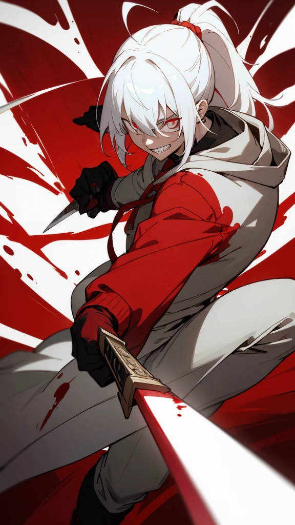 a boy, white hair tied in a ponytail, reflective red glowing eyes, unleashing blood, holding a dagger, q shaped dagger, bloodied clothes, battle grin, modern clothing, hoodie, wounded, 